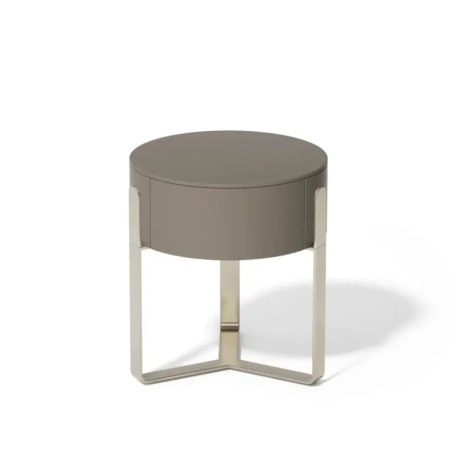 Superior Capital Aurea nightstand with circular form and muted gray-brown matte lacquer finish built with a sleek metallic base