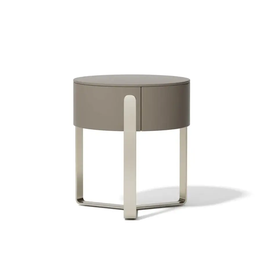 Exceptional Capital Aurea nightstand with cylindrical form and muted grey matte lacquer complemented by silver-toned metallic base