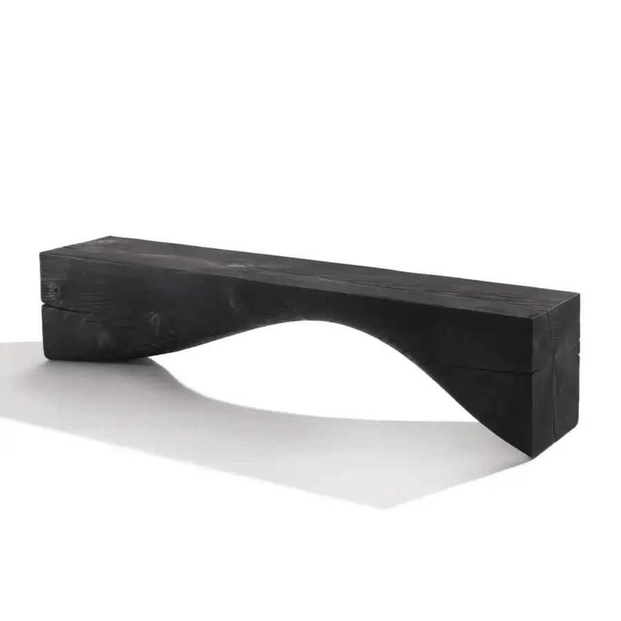 Distinguished Riva 1920 Curve bench sculpted from scented Cedar of Lebanon with a flowing organic form and matte finish