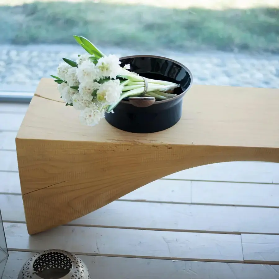 Distinguished Riva 1920 Curve bench sculpted from scented Cedar of Lebanon with a smooth satin finish celebrating natural grain
