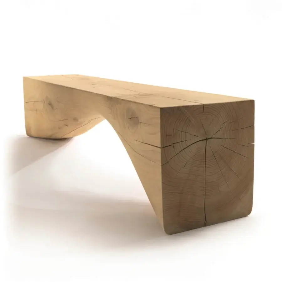 Exceptional Riva 1920 Curve bench crafted from scented Cedar of Lebanon displaying organic form and warm light brown tones