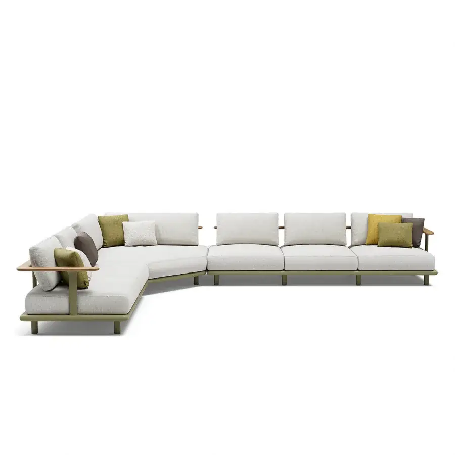 Elegant Atmosphera Bliss sectional with a curved backrest, natural teak armrests and textured off-white upholstery in a Gesso finish
