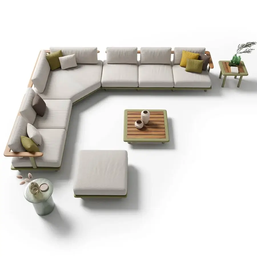 Distinguished Atmosphera Bliss sectional with a curved silhouette, natural teak armrests and neutral textile upholstery