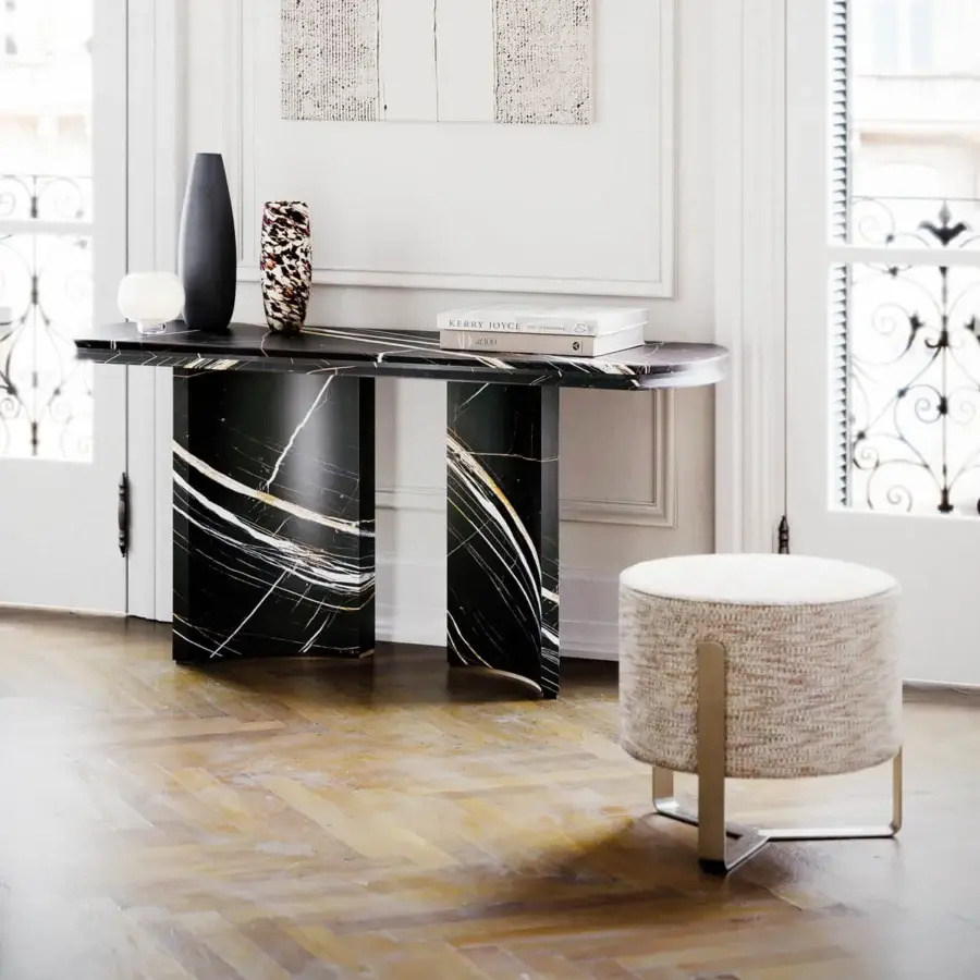 Exceptional Capital Aurea ottoman with neutral gray textured fabric and dark metallic satin finish