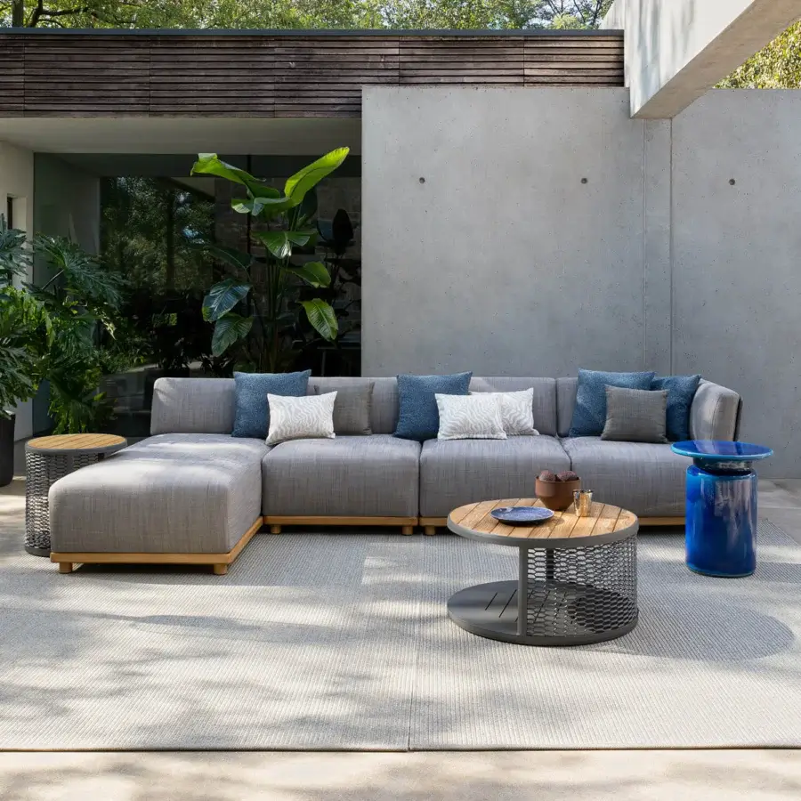 Distinguished Atmosphera Switch sectional with textured neutral gray textile and subtly contrasting wooden frame