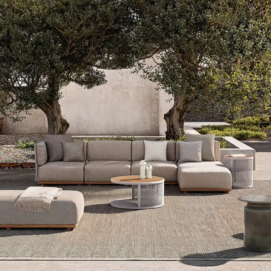Superior Atmosphera Switch sectional with a light wooden frame, neutral beige textile and dark gray woven detailing