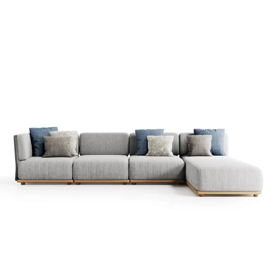Elegant Atmosphera Switch sectional with light gray textile upholstery, smooth wood base and blue patterned cushions