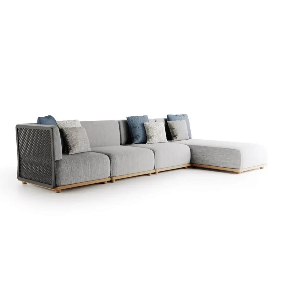 Distinguished Atmosphera Switch sectional with medium gray weather-resistant material, satin wood base and patterned blue beige pillows