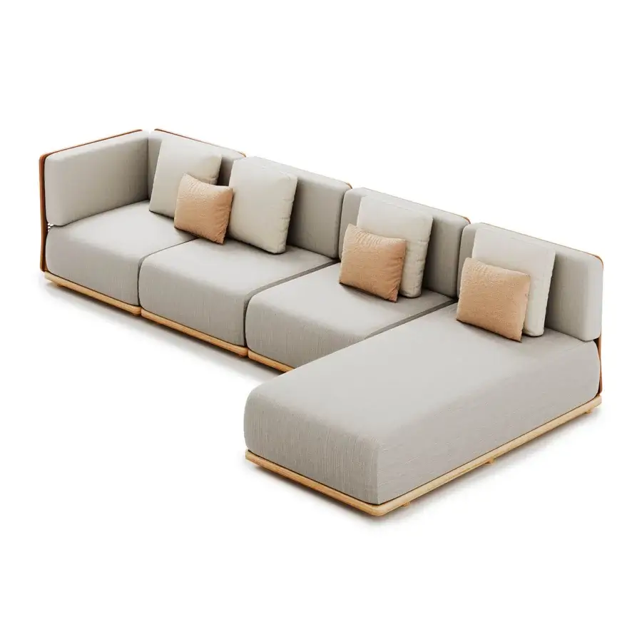 Elegant Atmosphera Switch sectional in light neutral gray with woven textile and architectural aluminum plate base crafted with satin wood