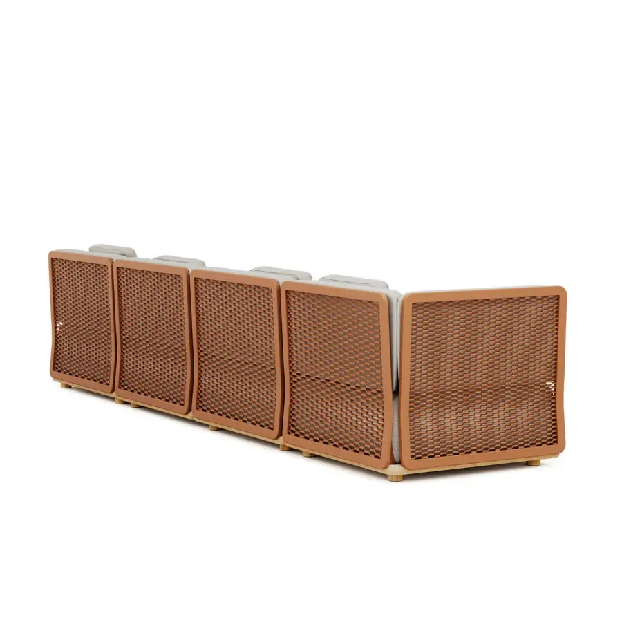 Superior Atmosphera Switch sectional with reddish-brown perforated metal frame and light gray cushions crafted for comfortable lounging
