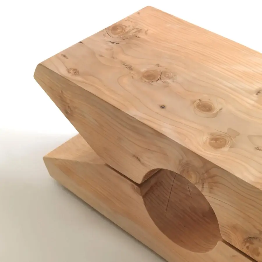 Superior Riva 1920 Molletta bench crafted in solid Lebanese cedar with a matte finish and striking industrial metal spring