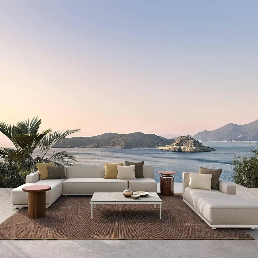 Elegant Atmosphera Laguna sectional with light beige textile upholstery, wide track arms and harmonious accent pillows