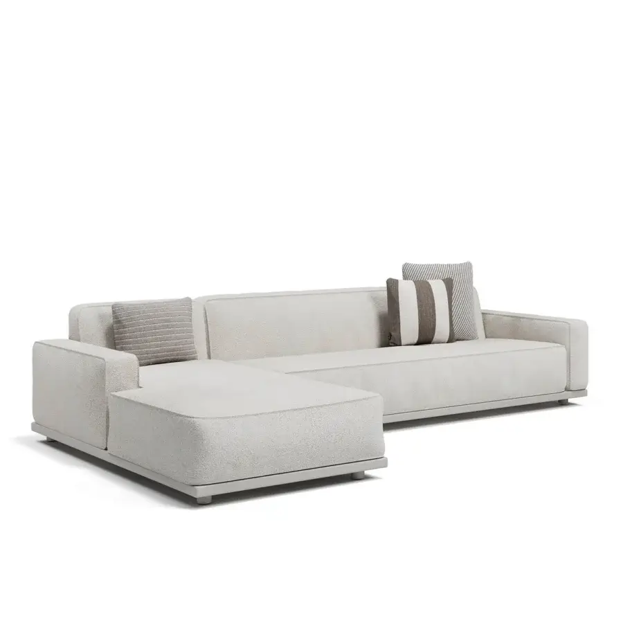Captivating Atmosphera Laguna sectional with textured woven fabric, square cushions and subtle striping in light neutral gray with a matte finish