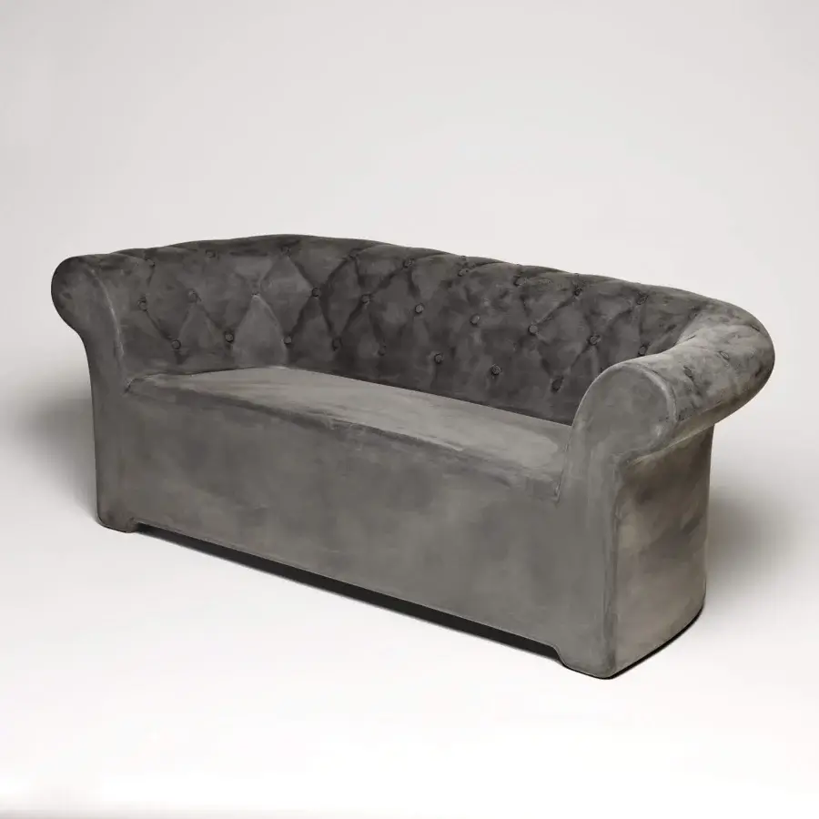 Captivating Serralunga Sirchester sofa crafted from LLDPE plastic with muted gray textile upholstery and noticeable button tufting