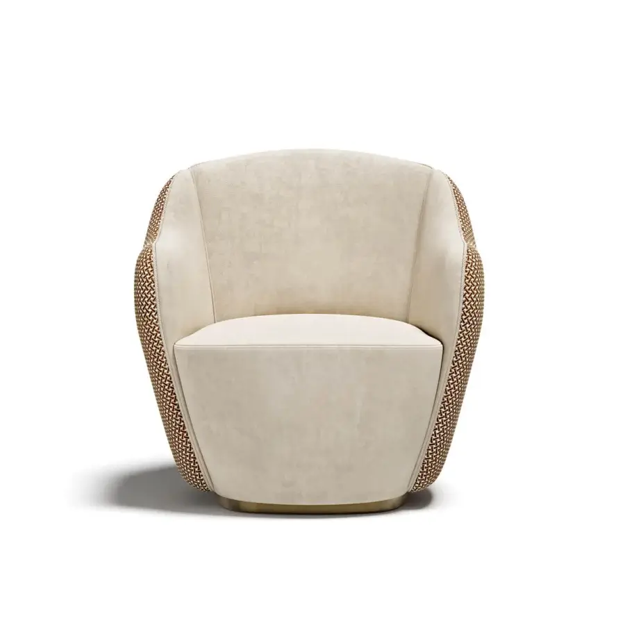 Exceptional Capital Audrey lounge chair with textured cream fabric upholstery and muted gold satin metal plinth base