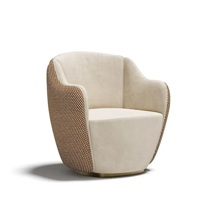 Superior Capital Audrey lounge chair with light beige matte fabric upholstery and gold-tone metal plinth base