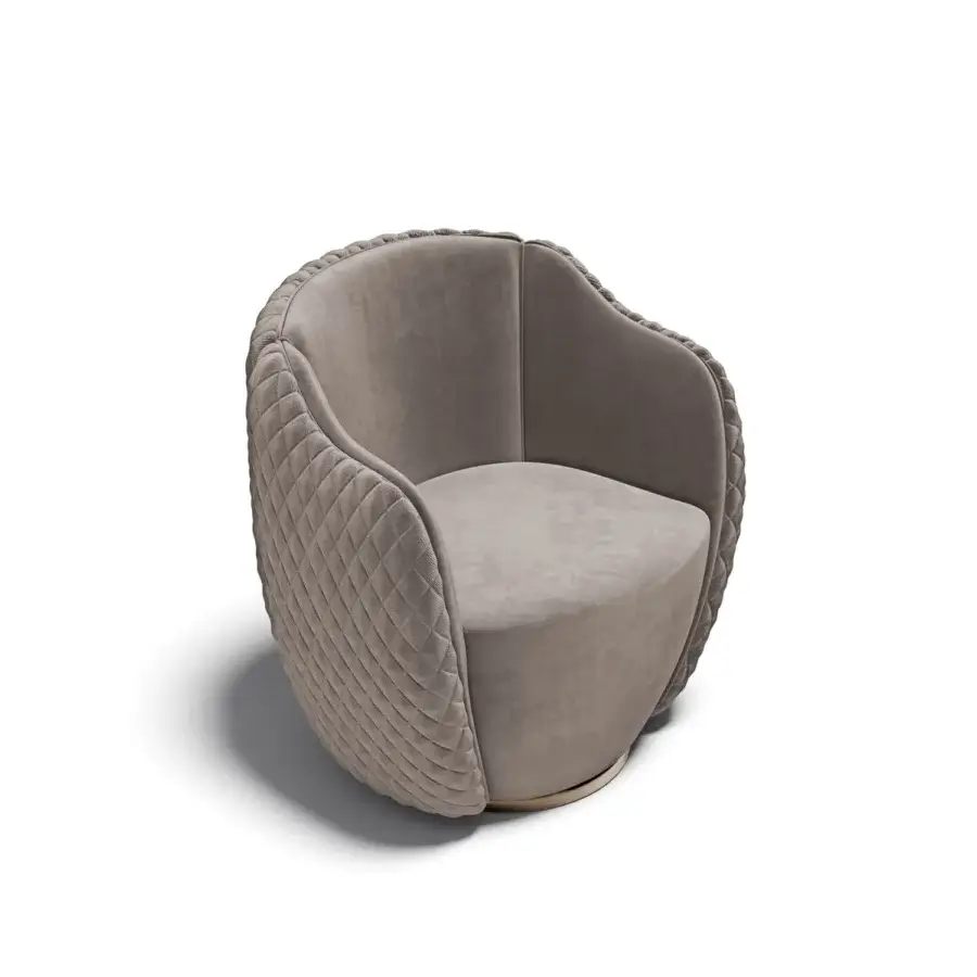 Distinguished Capital Audrey lounge chair with textured taupe fabric upholstery, diamond quilting and a refined metal swivel base