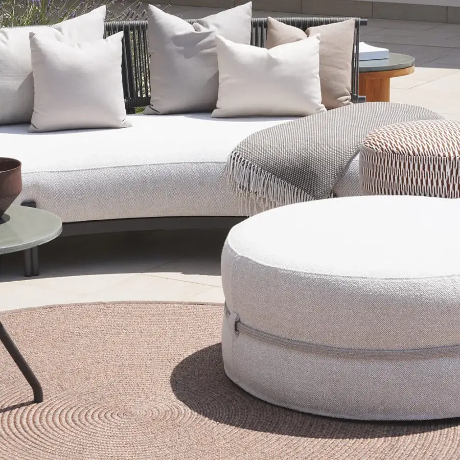 Exceptional Atmosphera Loto sectional with fluid curved design built in durable textured woven neutral beige textile