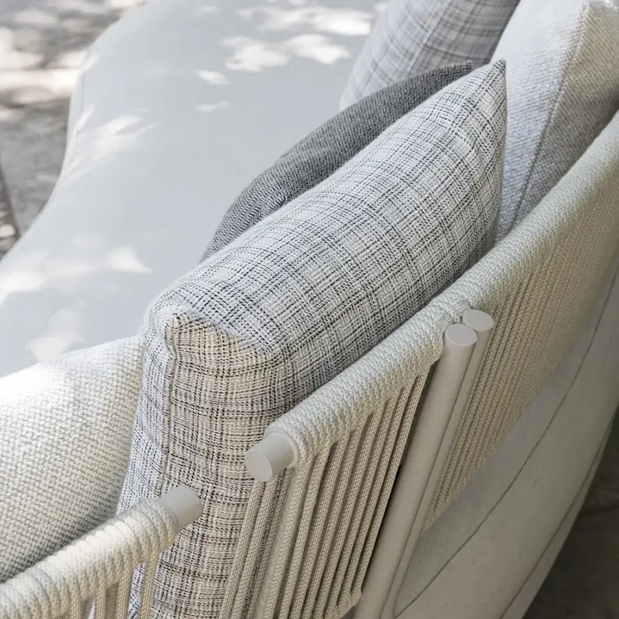 Distinguished Atmosphera Loto sectional with woven rope detailing upholstered in neutral beige and gray plaid fabric construction