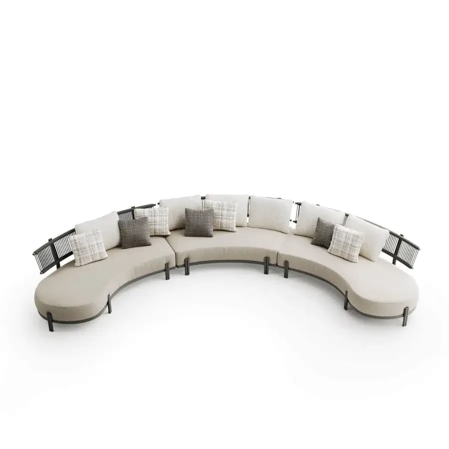 Captivating Atmosphera Loto sectional with light beige textile upholstery and dark metal base accented by patterned cushions