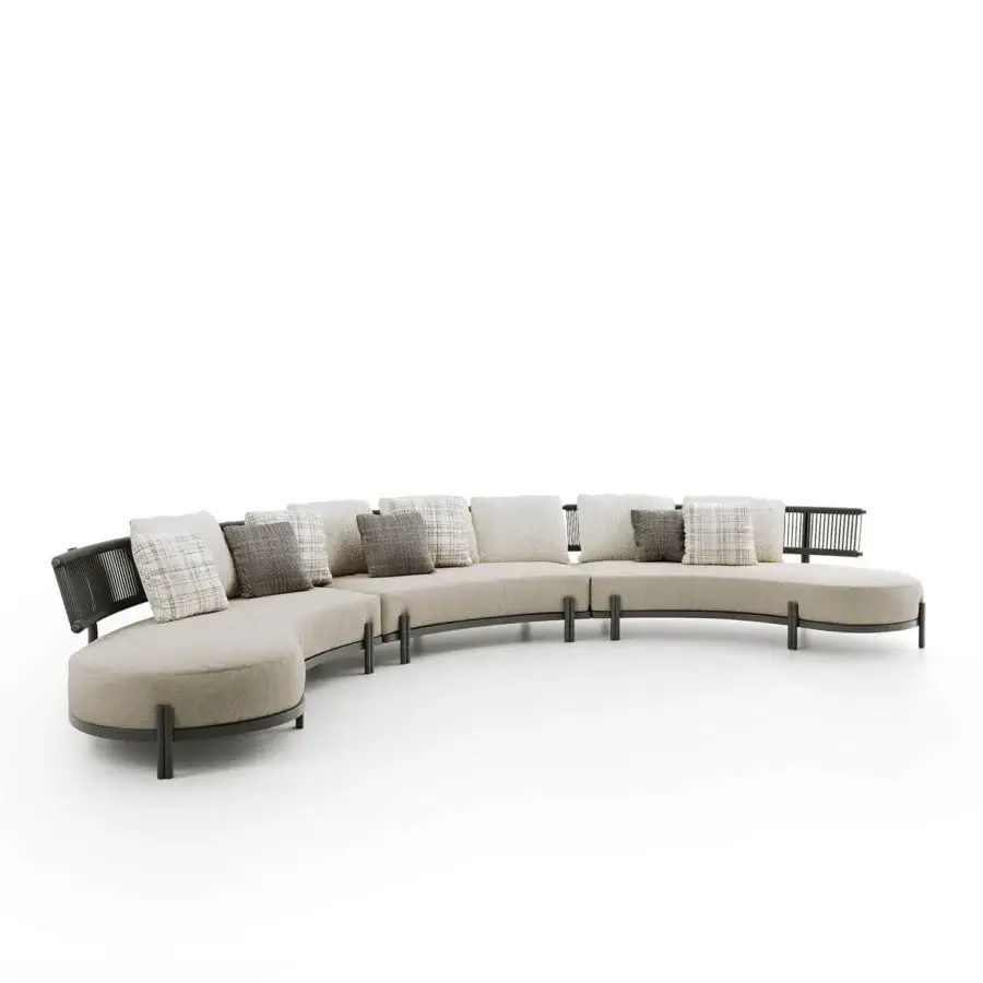 Superior Atmosphera Loto sectional with a gracefully curved silhouette upholstered in light beige textile and dark-toned metal base