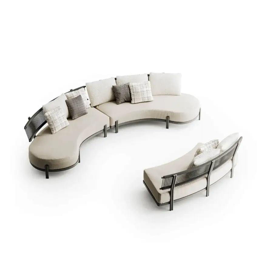 Superior Atmosphera Loto sectional with gracefully curved form upholstered in light beige textured textile and woven detailing
