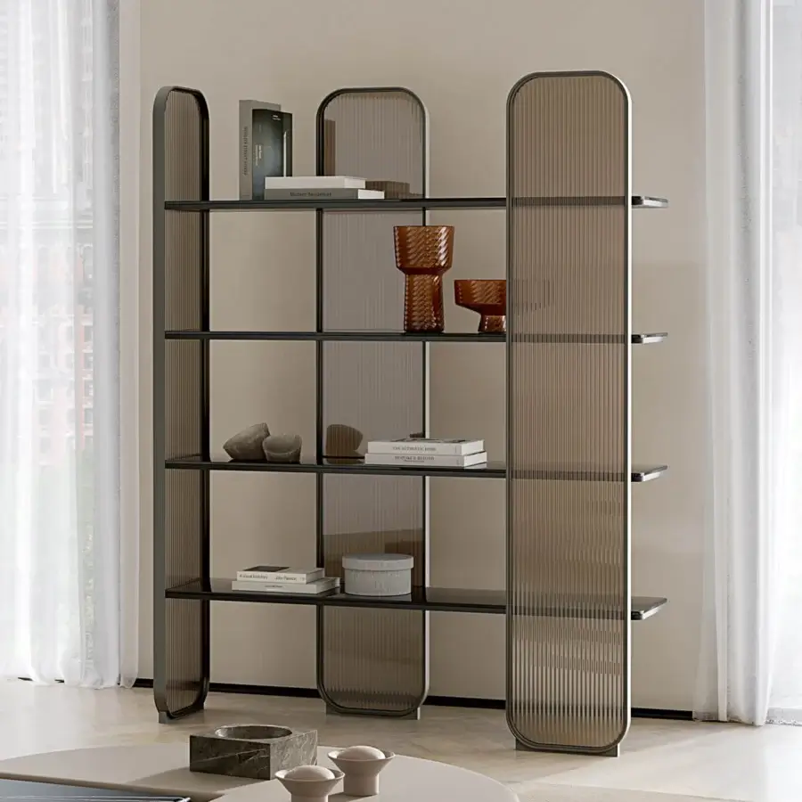 Elegant Capital Giselle Plus bookcase with rounded matte metal frame and warmer toned marble shelves built with bronzed fluted glass panels