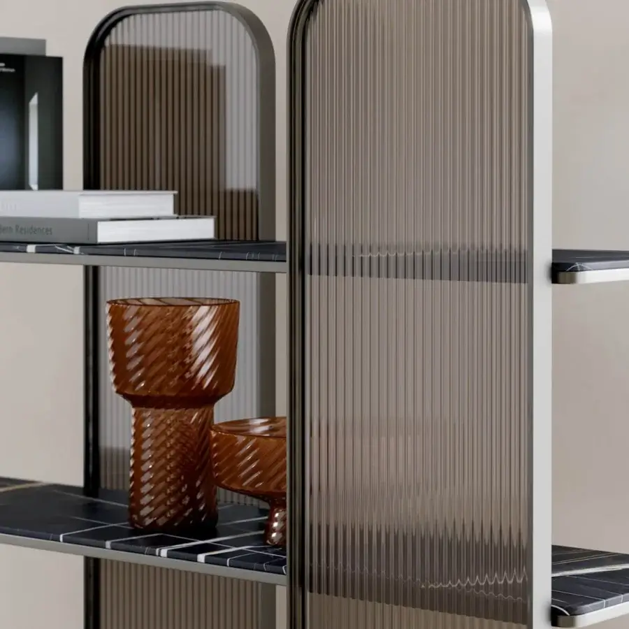Distinguished Capital Giselle Plus bookcase crafted with bronzed fluted glass panels and exquisite marble shelves in a smoky gray-brown palette