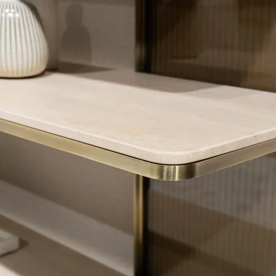 Exclusive Capital Giselle Plus bookcase crafted with marble shelves and a bronzed metal frame in satin brass tones with fluted glass panels