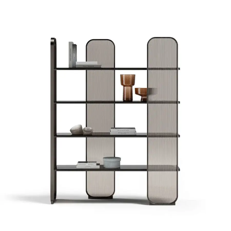 Distinguished Capital Giselle Plus bookcase crafted in Italy with marble shelves, a rounded metal frame and bronzed fluted glass panels with matte black finish