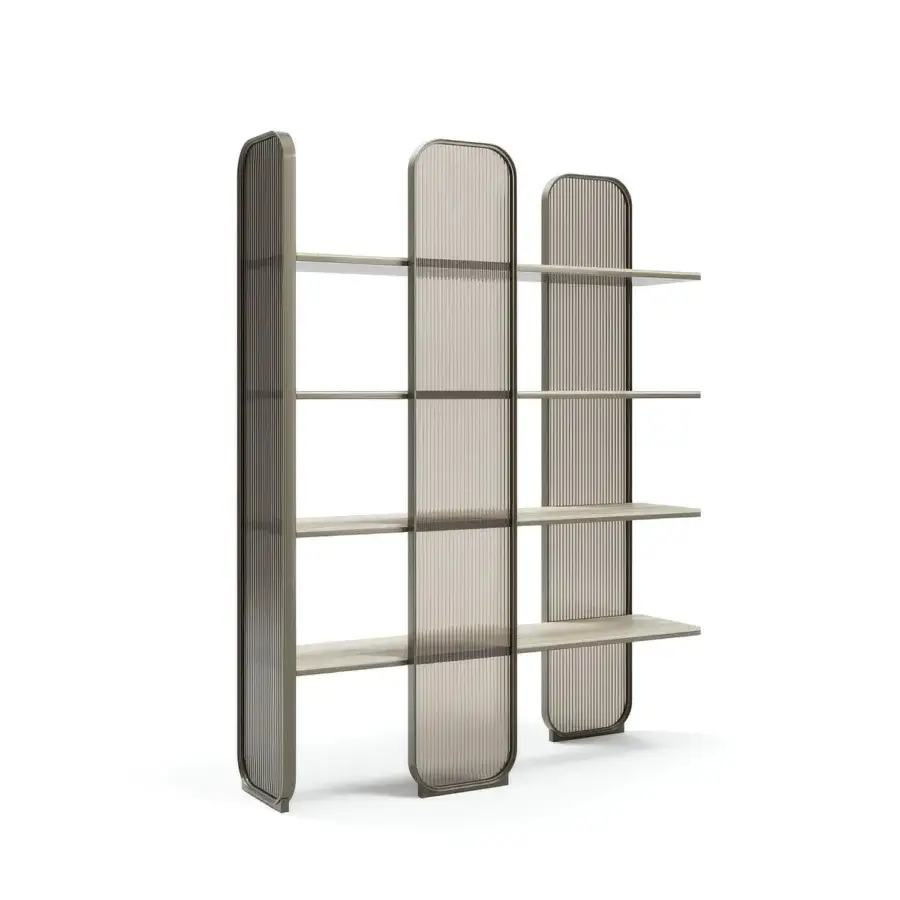 Exceptional Capital Giselle Plus bookcase crafted in Italy with rounded metal, marble shelves and bronzed fluted glass panels
