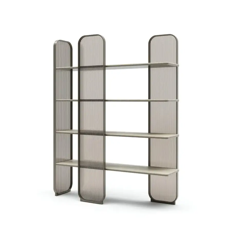 Superior Capital Giselle Plus bookcase with bronzed metal, fluted detailing and exquisite marble shelves crafted in Italy