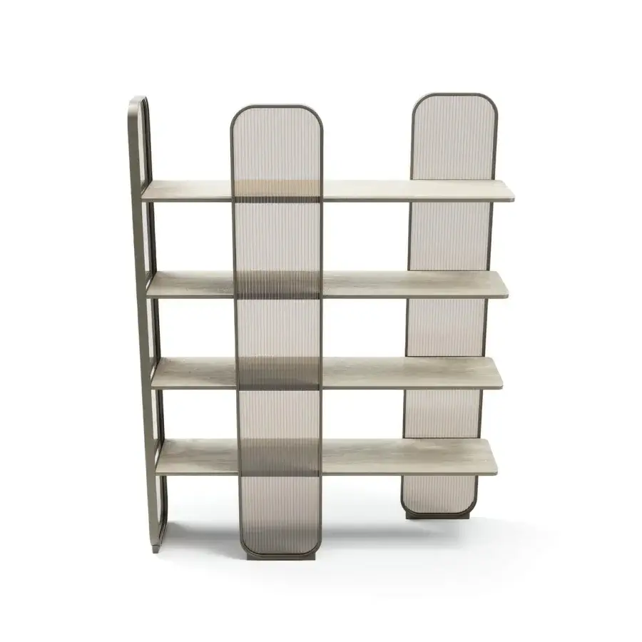 Elegant Capital Giselle Plus bookcase crafted in Italy with bronzed fluted glass and exquisite marble shelves in matte light brown tone