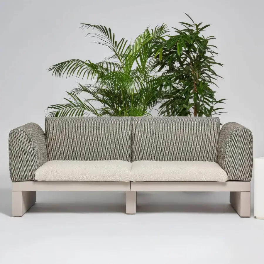 Exceptional Serralunga Riviera sofa built in patterned beige and gray textile with a matte light gray LLDPE base