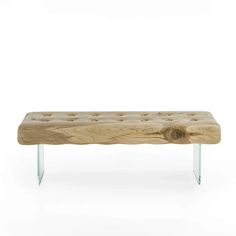 Exceptional Riva 1920 Giacinto bench crafted in warm brown scented cedar wood with quilted mattress patterning and transparent glass legs