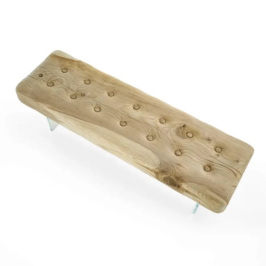 Distinguished Riva 1920 Giacinto bench crafted in warm scented cedar wood with glass legs and capitonné texture