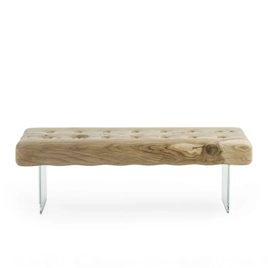 Exceptional Riva 1920 Giacinto bench crafted in light beige scented cedar wood with transparent glass legs
