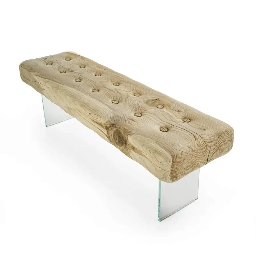 Superior Riva 1920 Giacinto bench crafted in light natural scented cedar with a matte textured finish and transparent glass base