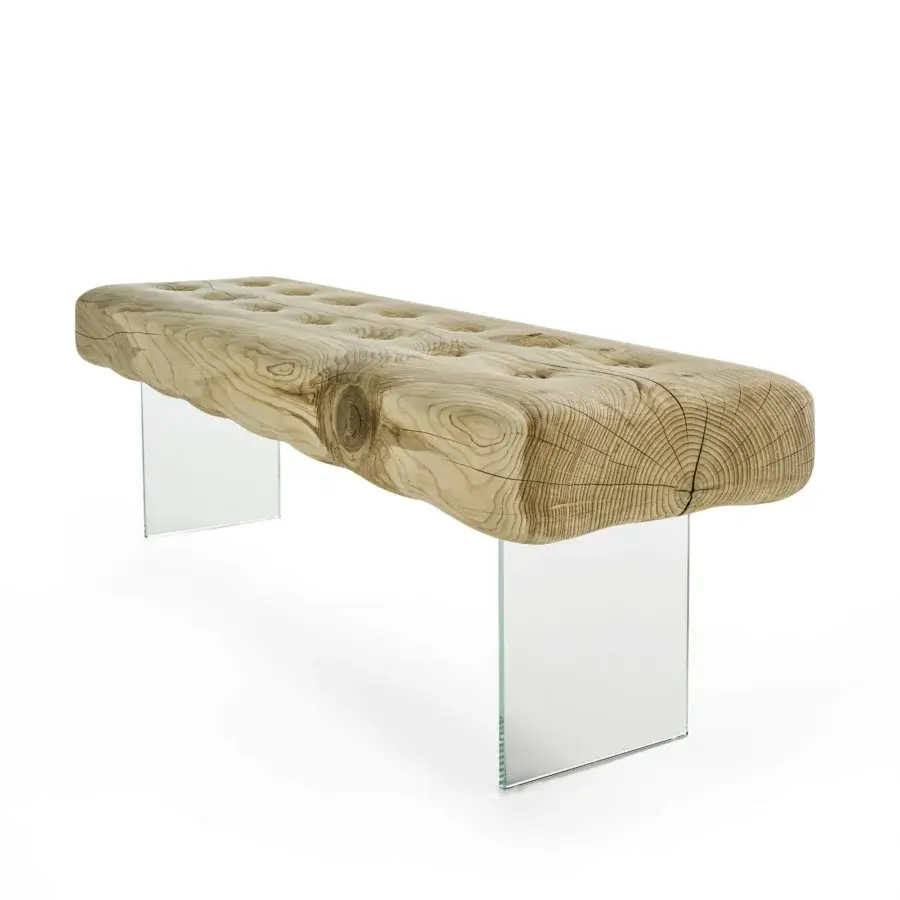 Captivating Riva 1920 Giacinto bench crafted in light beige scented cedar with transparent glass legs and textured finish