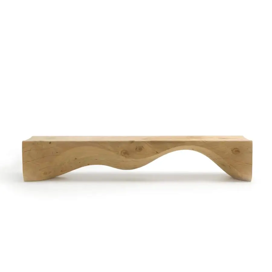Elegant Riva 1920 Mountains bench crafted in honey-toned scented Cedar of Lebanon with undulating silhouette