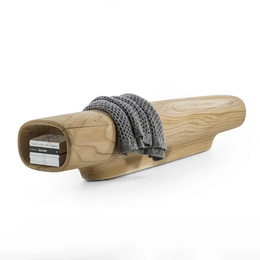 Elegant Riva 1920 Travetto bench crafted in light-toned Cedar of Lebanon with integrated storage niches and cantilevered design