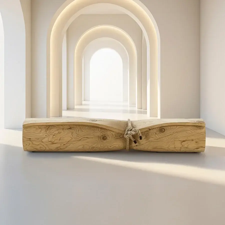 Exclusive Riva 1920 Wrap bench crafted in light brown scented Cedar of Lebanon with a nautical rope detail