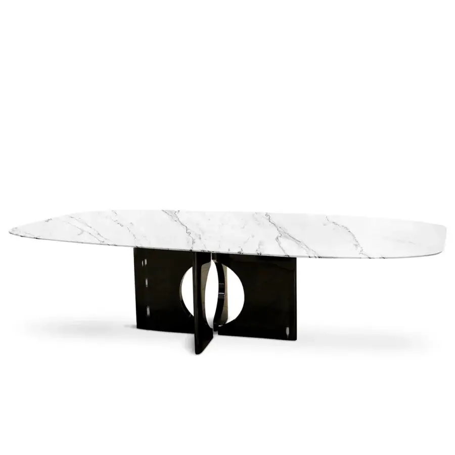 Distinguished Horm Brion table with white marble exhibiting striking veining and high-gloss dark-toned base