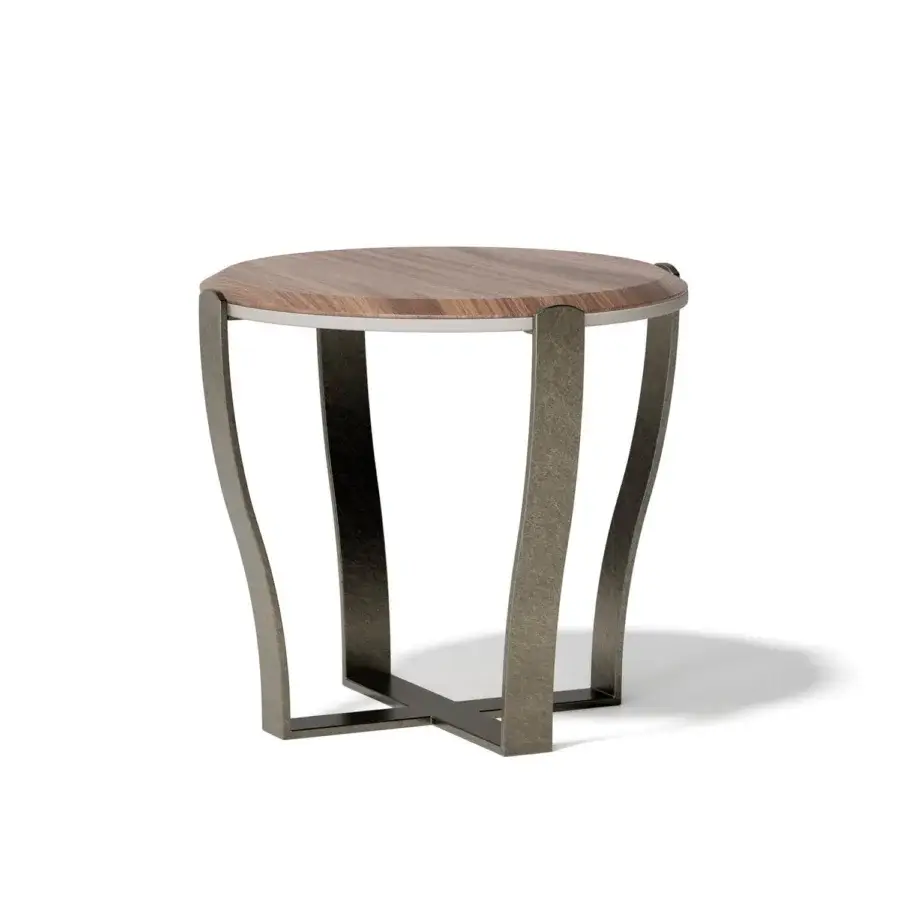 Distinguished Capital Aristo side table with gracefully curved dark gray metal base and warm solid wood tabletop in satin finish