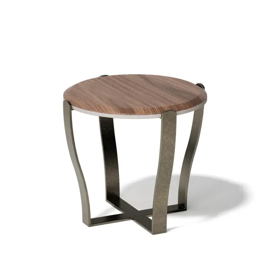 Exceptional Capital Aristo side table with gracefully curved dark gray metal legs and warm solid wood tabletop in satin finish