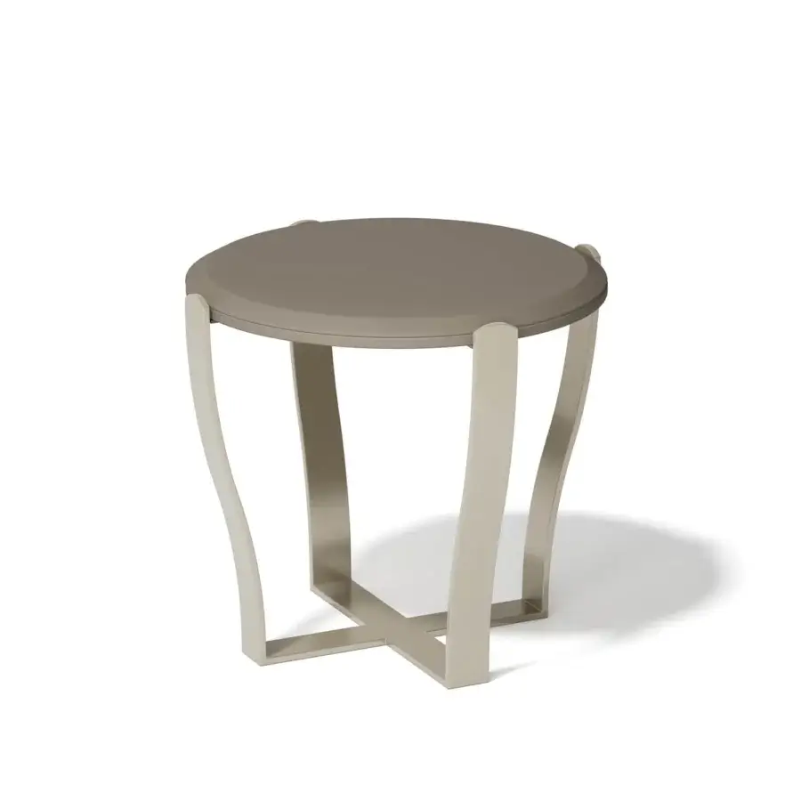 Distinguished Capital Aristo side table with flared muted gray metal legs and lacquered under-top detail crafted in Italy