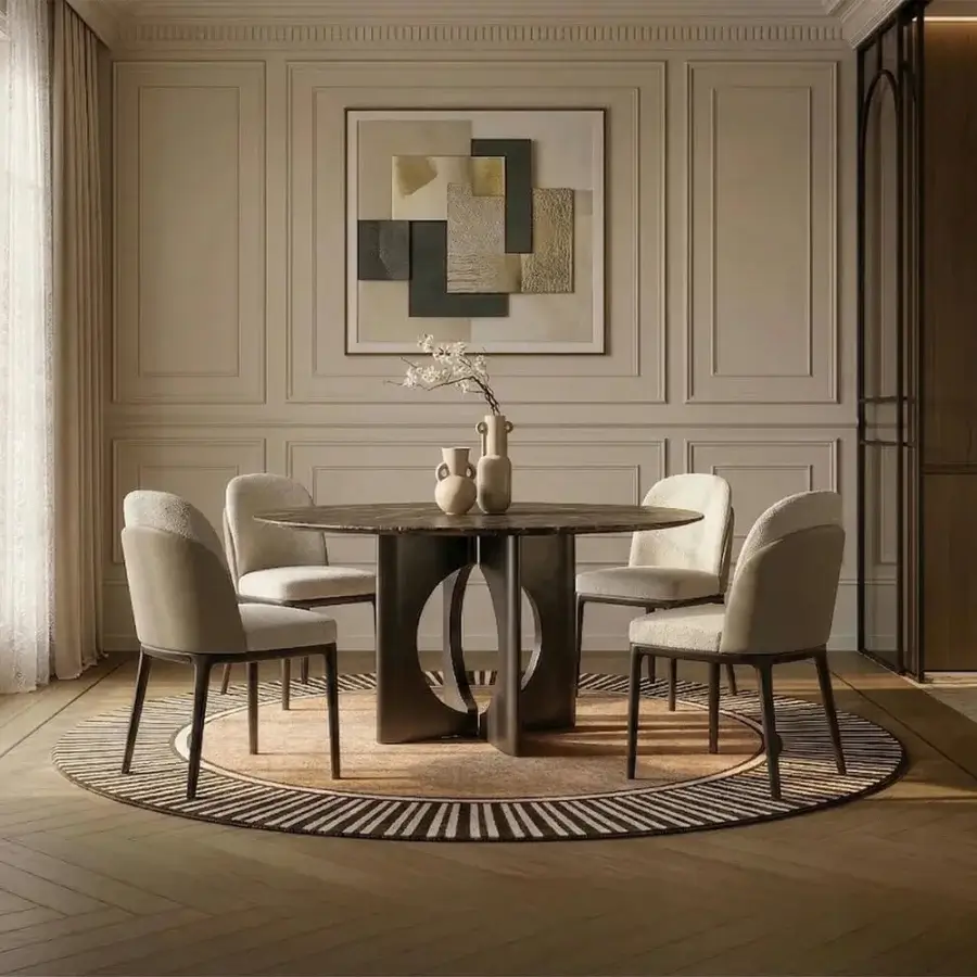 Distinguished Horm Piccadilly chair with neutral beige fabric upholstery and a satin-finish dark-toned wood structure