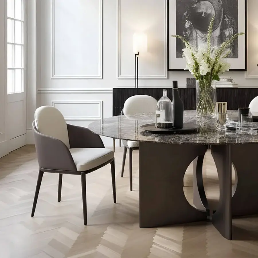Distinguished Horm Piccadilly armchair upholstered in smooth dark gray textile with contrasting white interior and dark metal frame