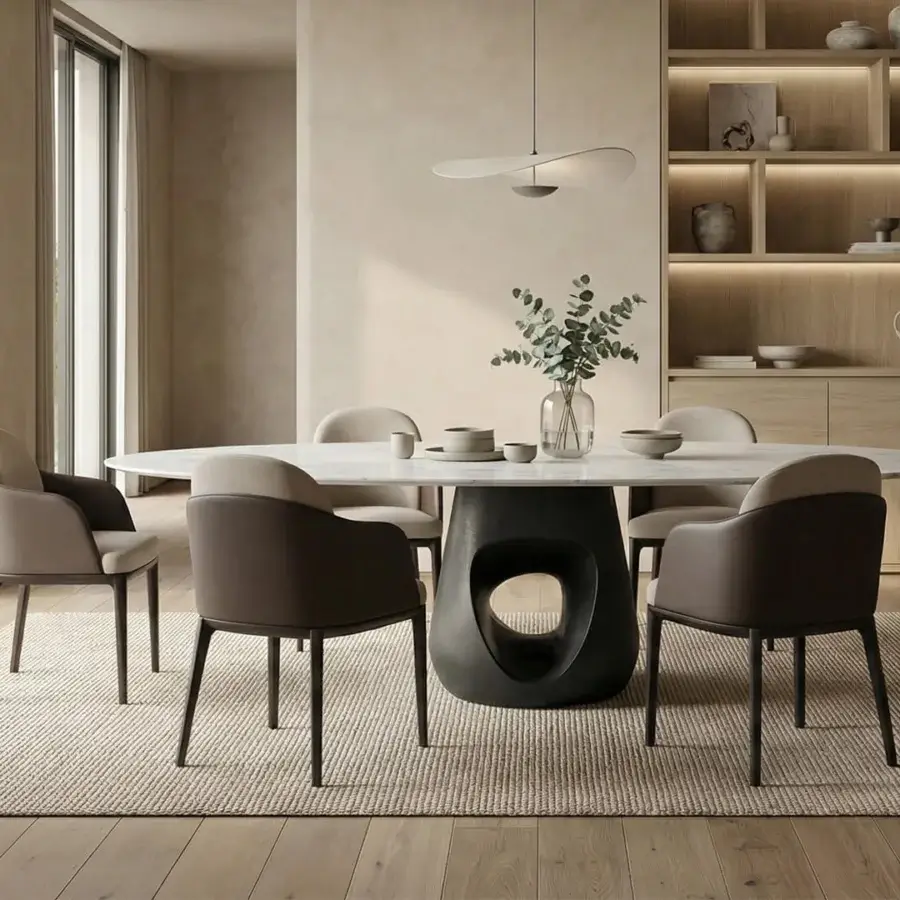 Superior Horm Piccadilly armchair upholstered in warm gray-brown matte textile with sleek dark matte black metal base