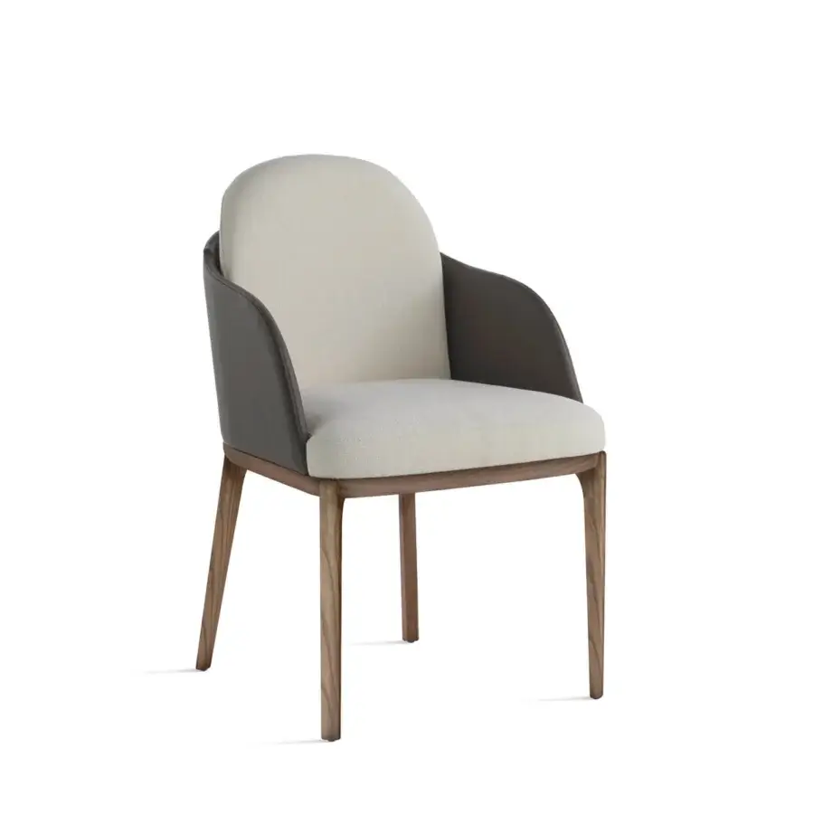 Superior Horm Piccadilly armchair upholstered in light beige textured textile with sculpted greyish-brown armrests and durable wood frame